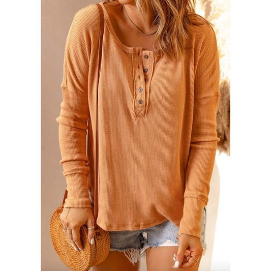 REDUCED!!!  Suzzet Orange Waffle Knit Henley Top  REDUCED!!!