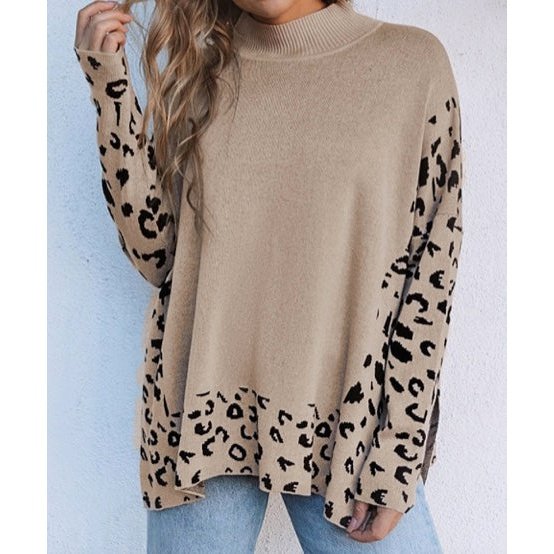 Brandi Leopard High Neck Side Slit Oversized Sweater - S to 3X