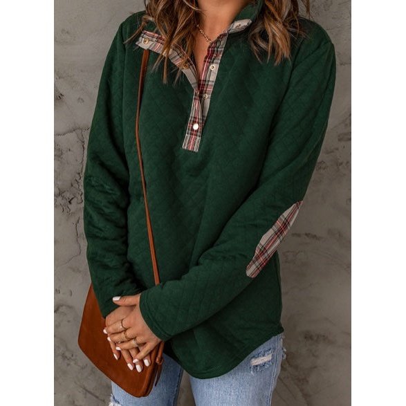 Kennedy Green Geometric Texture Plaid Trim Sweatshirt