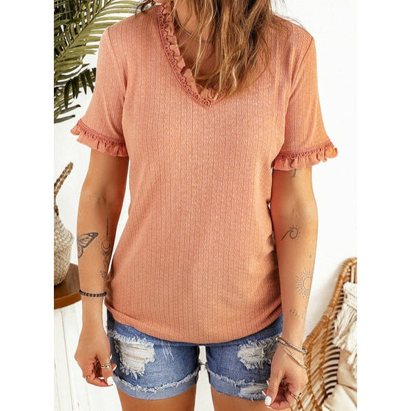 Giovanna Textured Frill V Neck T-shirt