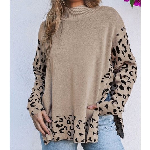 Brandi Leopard High Neck Side Slit Oversized Sweater