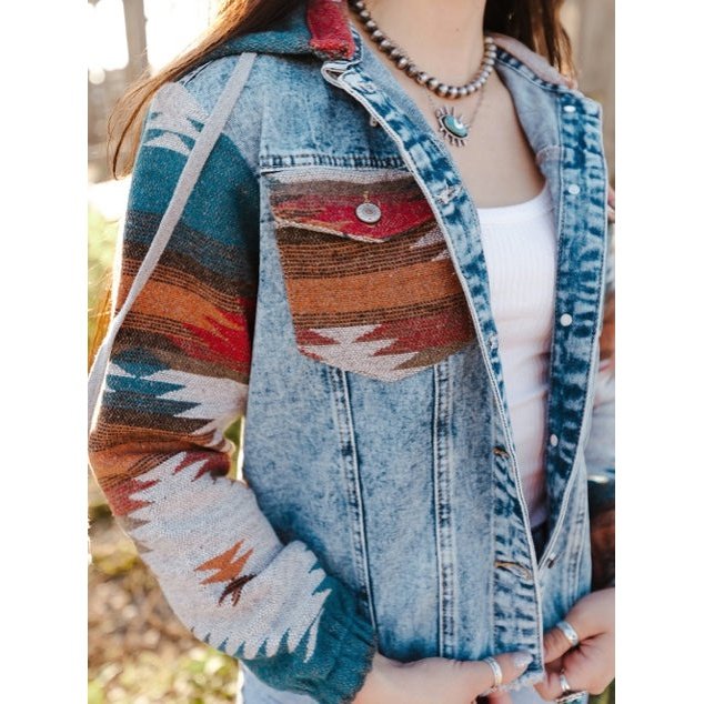 Jessamy Multicolor Aztec Print Frayed Hem Denim Jacket