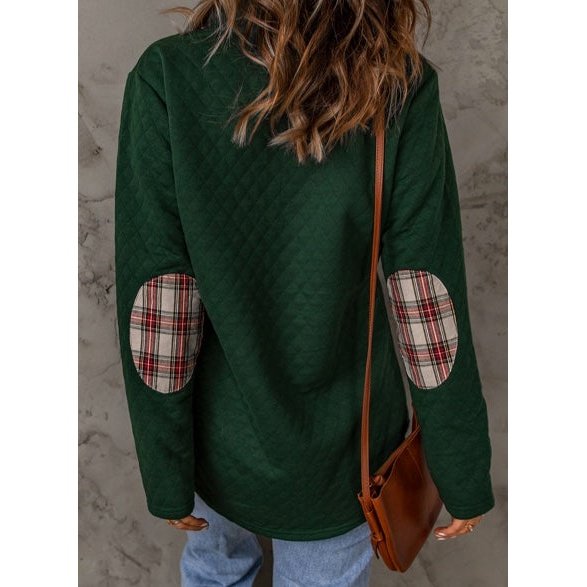 Kennedy Green Geometric Texture Plaid Trim Sweatshirt