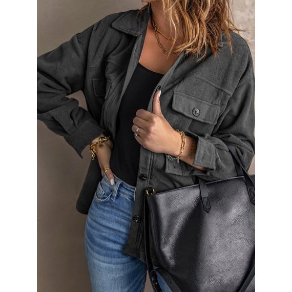 Hayven Grey Turn Down Collar Buttoned Shirt Jacket