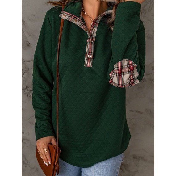 Kennedy Green Geometric Texture Plaid Trim Sweatshirt