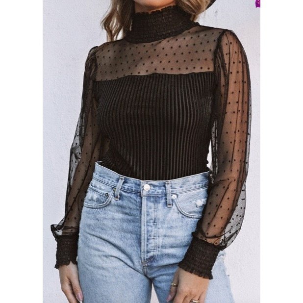 Kinsey Black Sheer Dotty Long Sleeve Ribbed Velvet Bodysuit