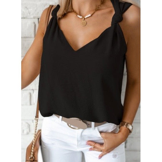 Pamelynne Black V Neck Knotted Shoulder Vest