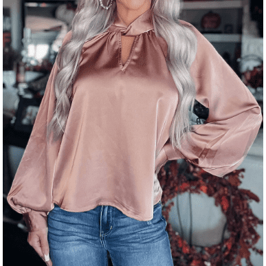 Daisy Pink Twist High Neck Puff Sleeve Satin Blouse