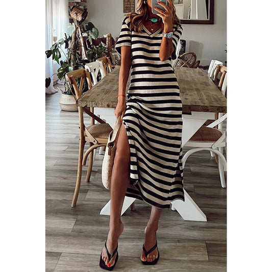 Anya Black Stripe Print V Neck Maxi Dress with Side Splits