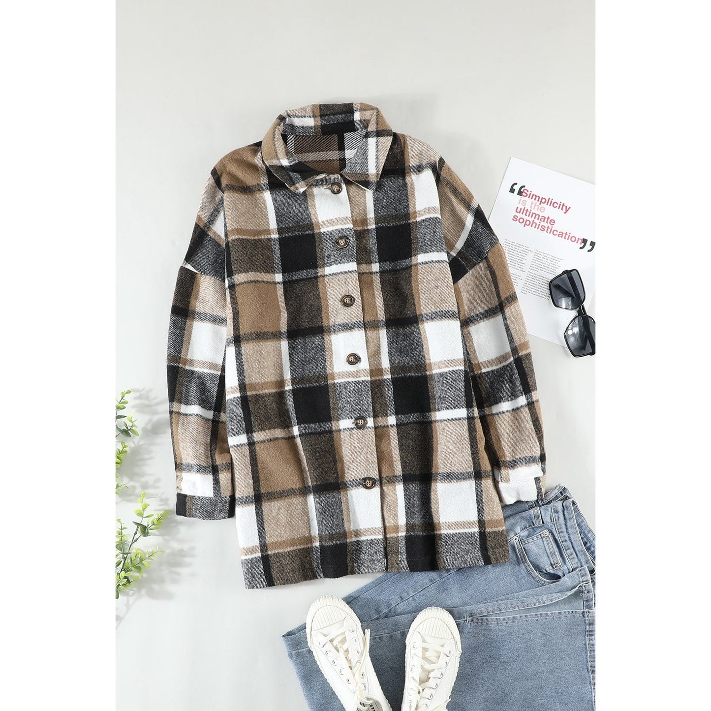 Bexley Khaki Plaid Turn Down Collar Coat