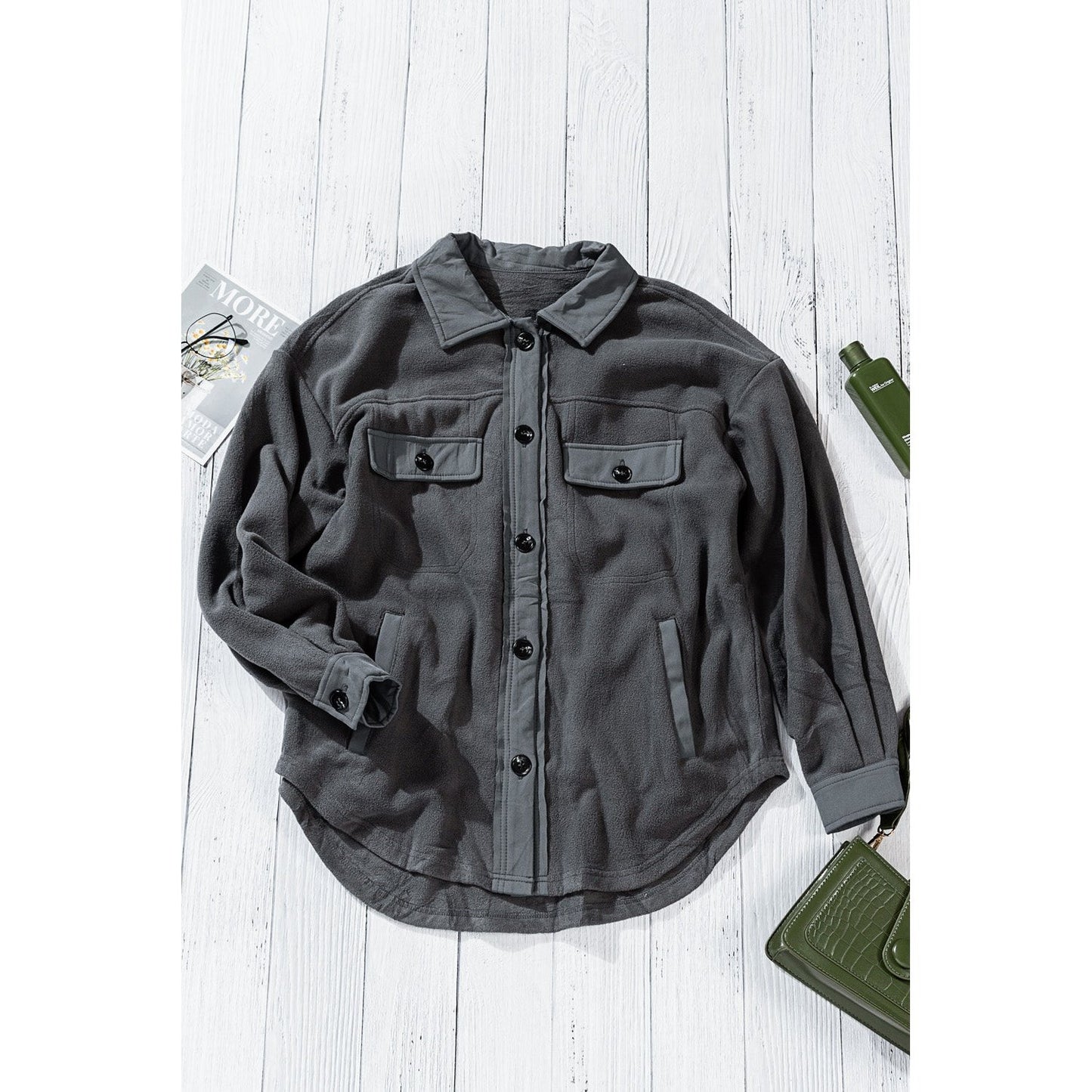 Hayven Grey Turn Down Collar Buttoned Shirt Jacket