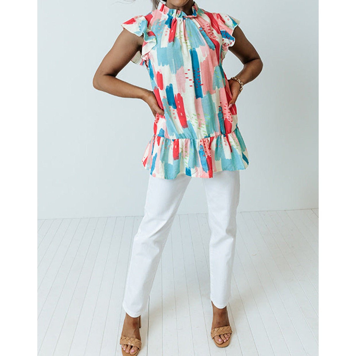 Iris Color Block Ruffled Mock Neck Ruffled Shirt