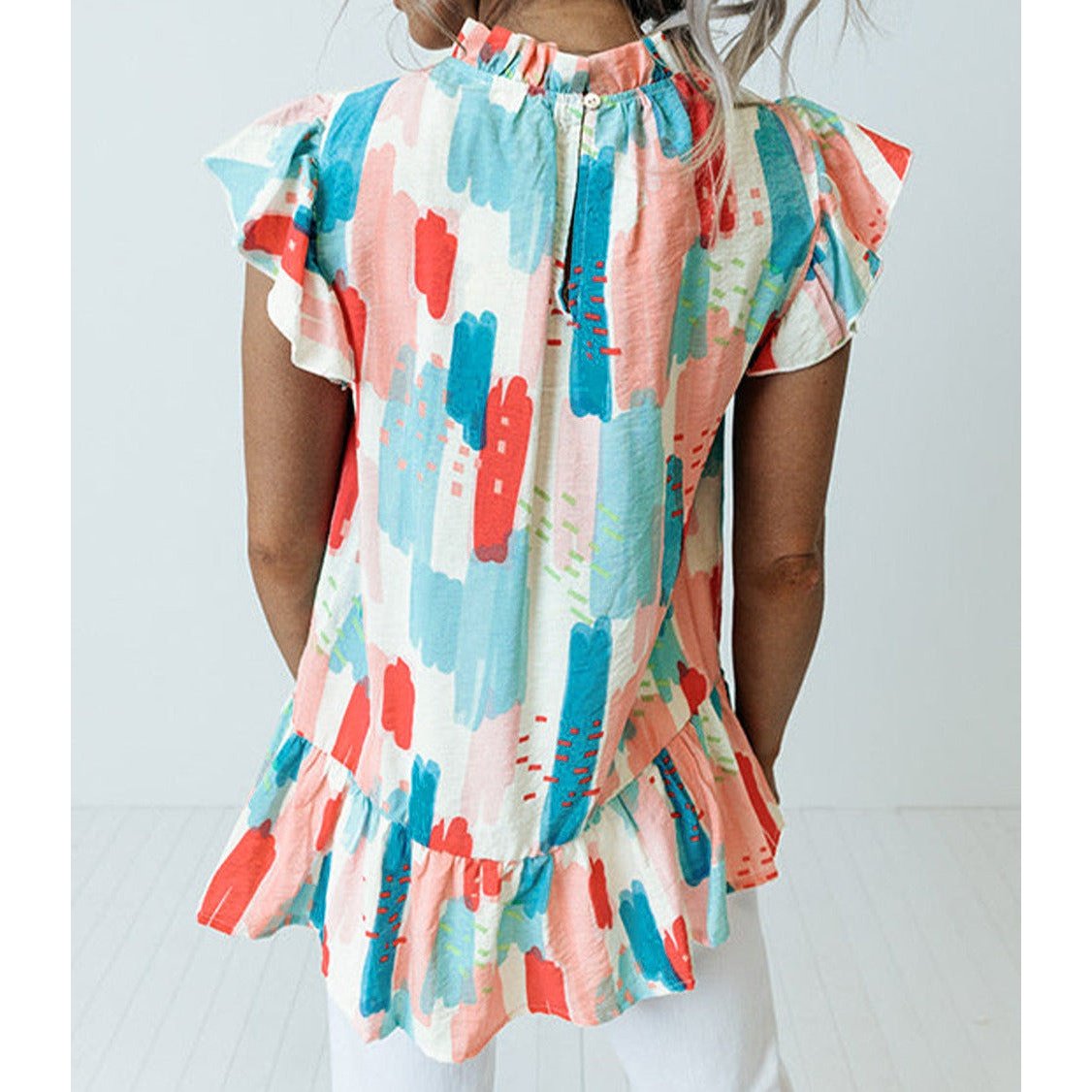 Iris Color Block Ruffled Mock Neck Ruffled Shirt