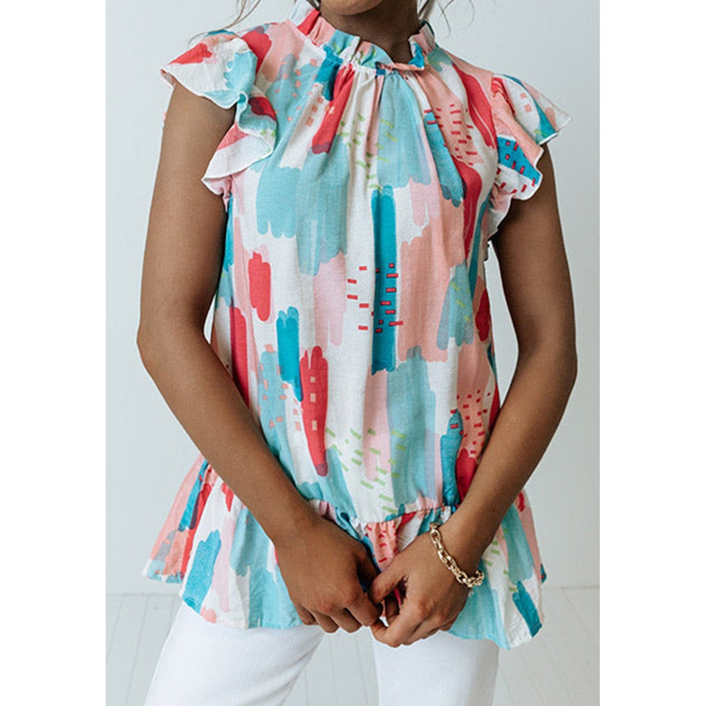 Iris Color Block Ruffled Mock Neck Ruffled Shirt