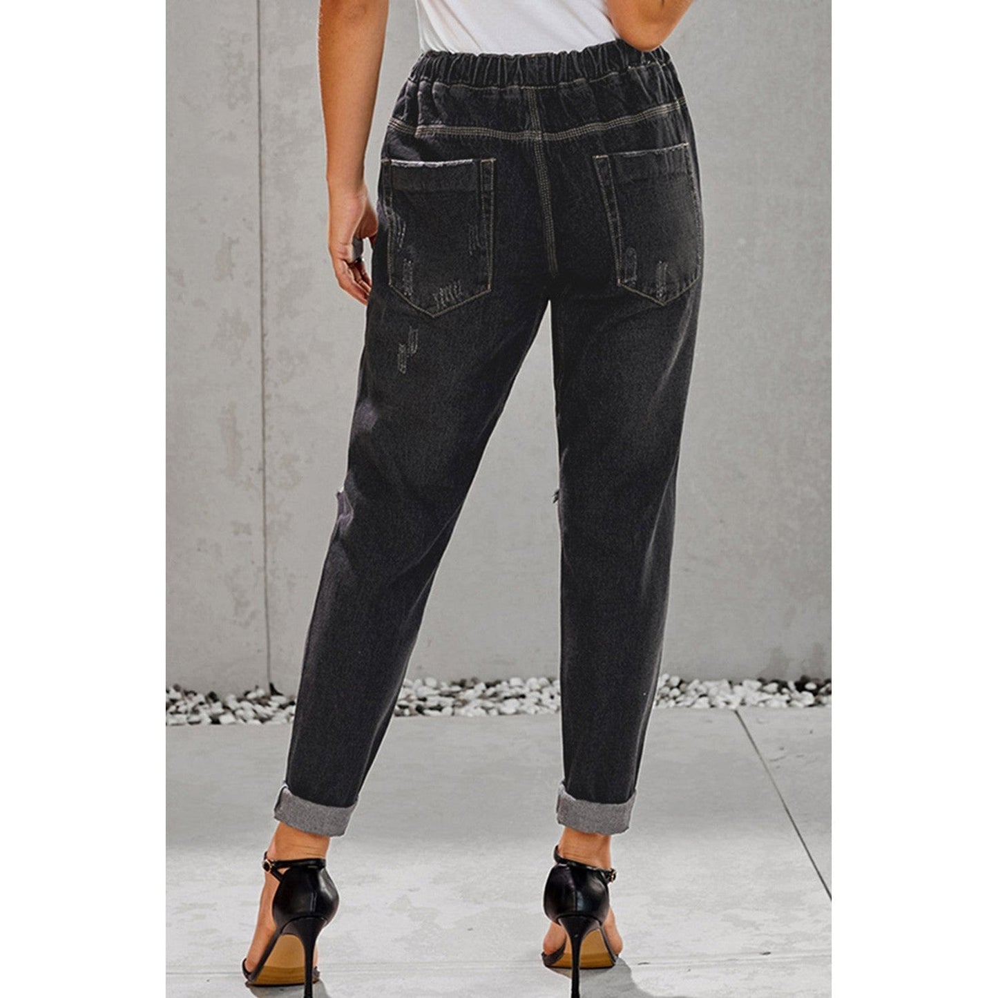 Kayson Black Gather Round Distressed Pocketed Denim Jogger