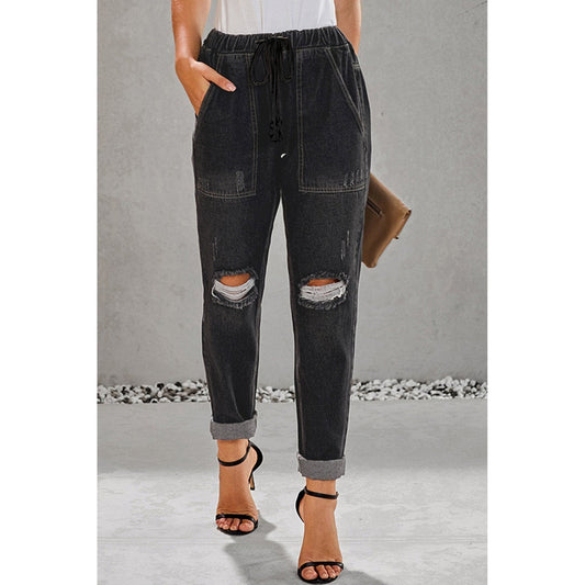 Kayson Black Gather Round Distressed Pocketed Denim Jogger