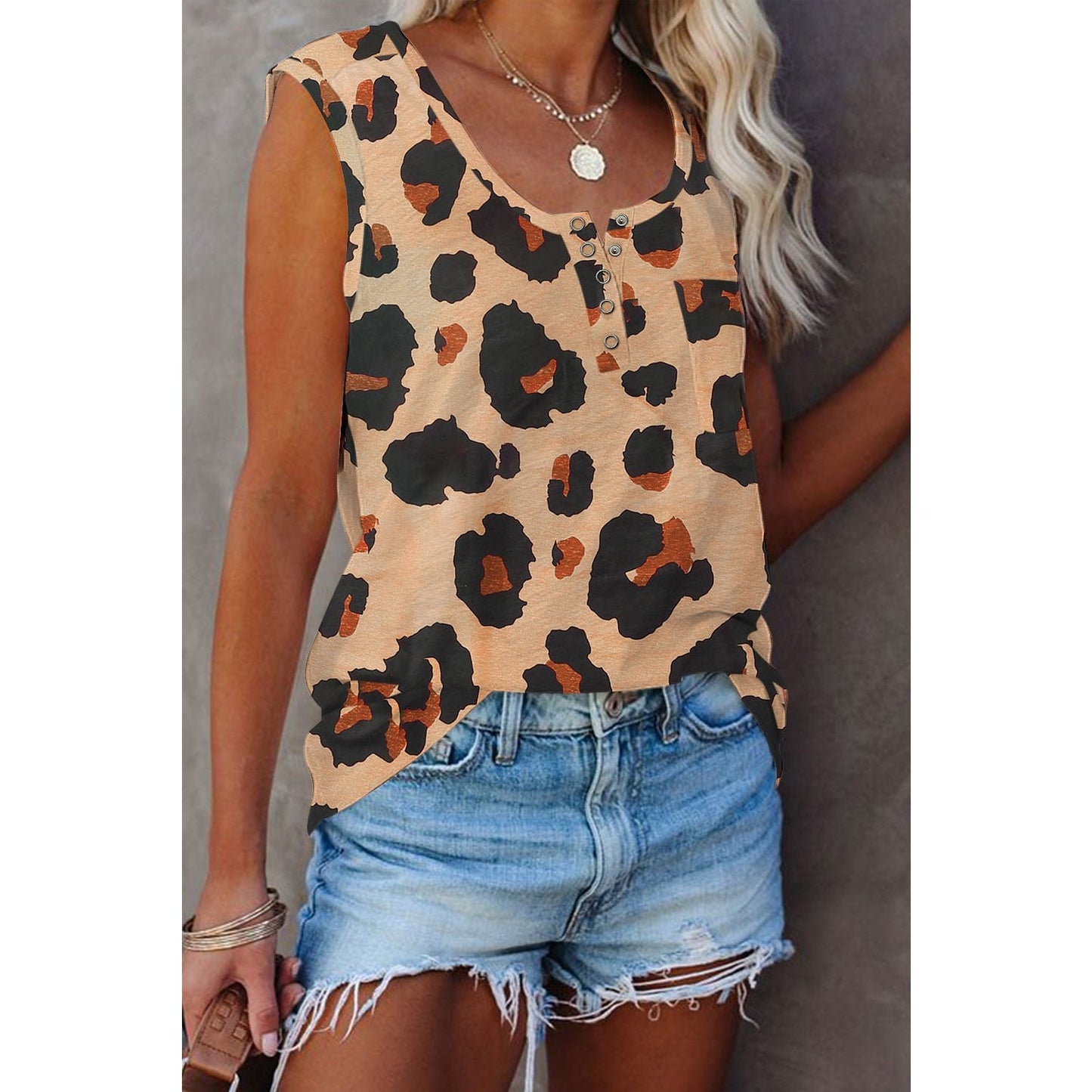 Pia Leopard Button Neck Chest Pocket Tank Top