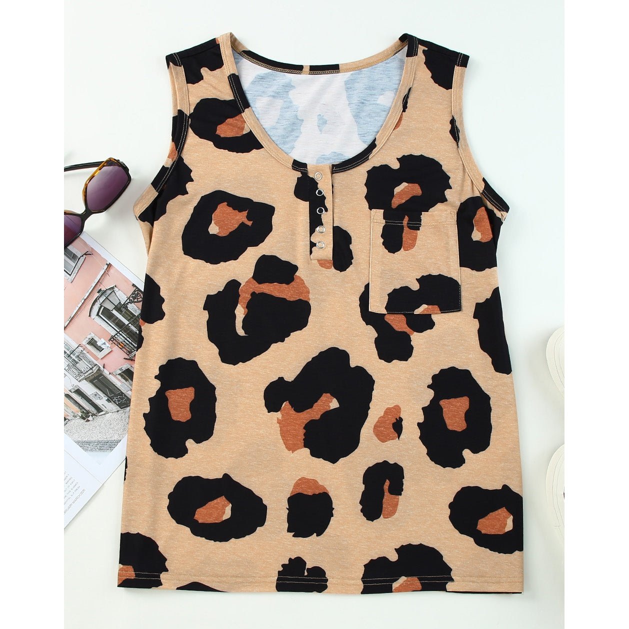 Pia Leopard Button Neck Chest Pocket Tank Top