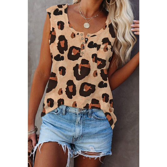 Pia Leopard Button Neck Chest Pocket Tank Top