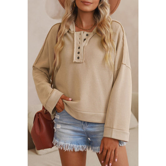 REDUCED!!!  Theresa Khaki Casual Button Solid Patchwork Trim Hoodie   REDUCED!!!
