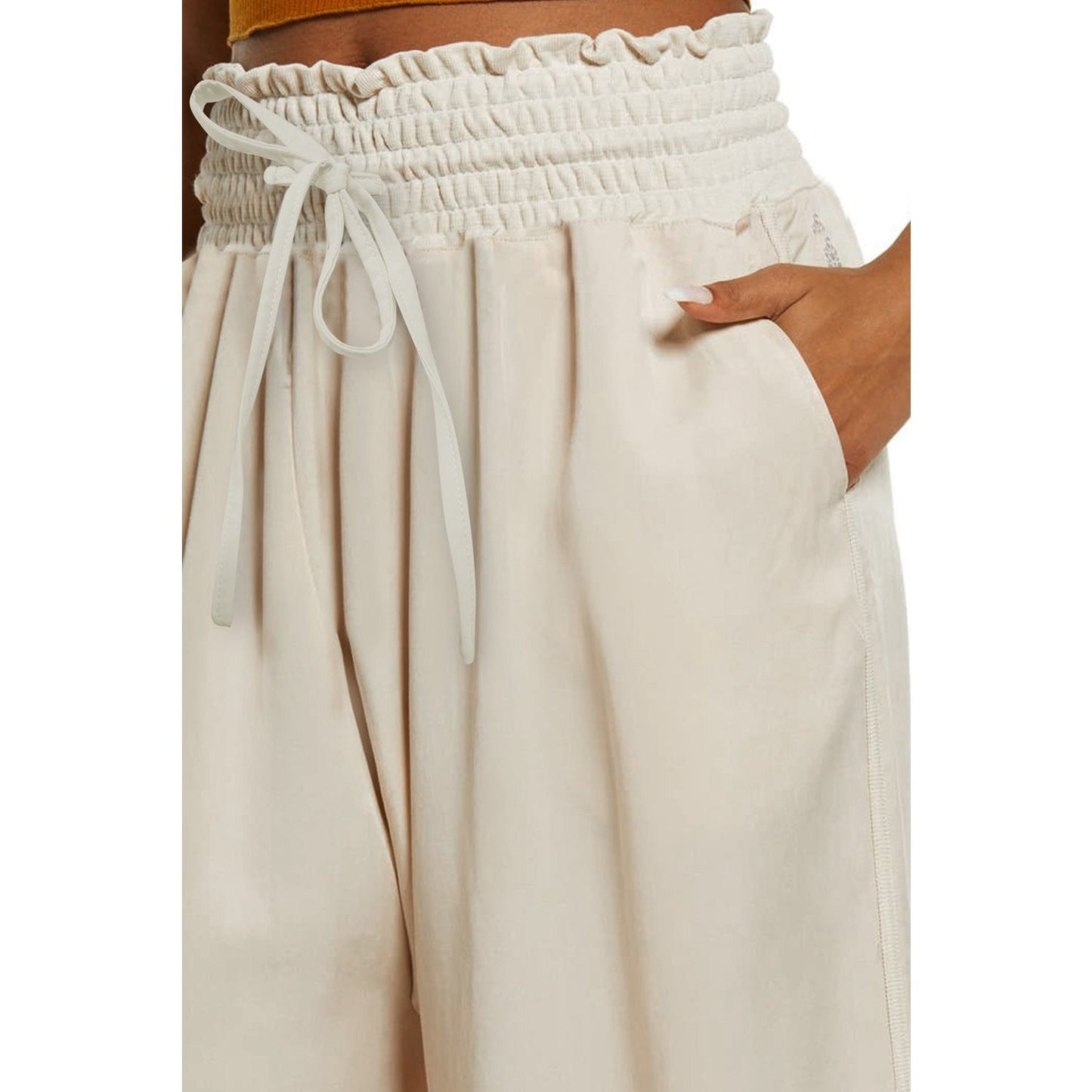 Tulla Beige Smocked High Waist Wide Leg Pants