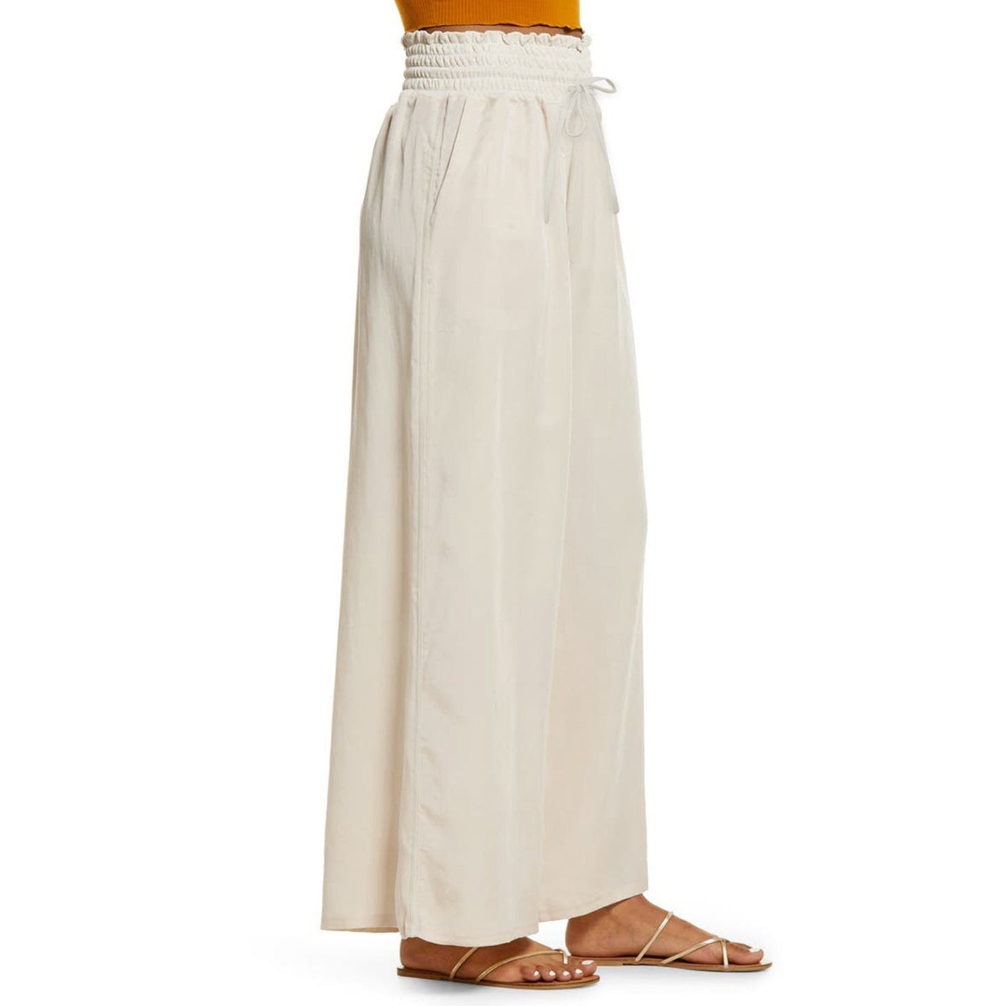 Tulla Beige Smocked High Waist Wide Leg Pants