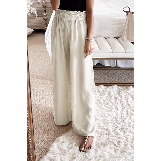 Tulla Beige Smocked High Waist Wide Leg Pants